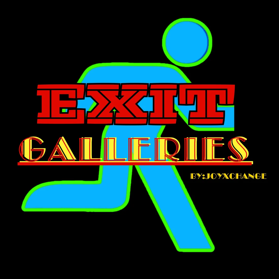 Exit Galleries logo: a running figure over the word EXIT, with GALLERIES underneath, by JoyXchange